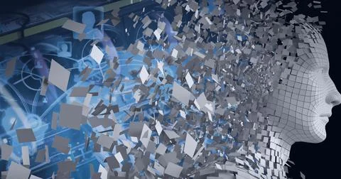 Composition of human digital head with grey squares over scopes scanning and Stockillustratie