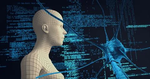Composition of human digital head over neuron cell and data processing Stock-Illustration