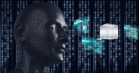 Composition of human digital head over binary coding processing Illustrazione stock