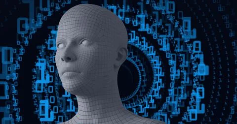 Composition of human digital head over blue binary coding processing Stock-Illustration