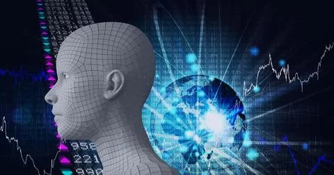 Composition of human digital head over glowing globe with network of connections Stockillustratie