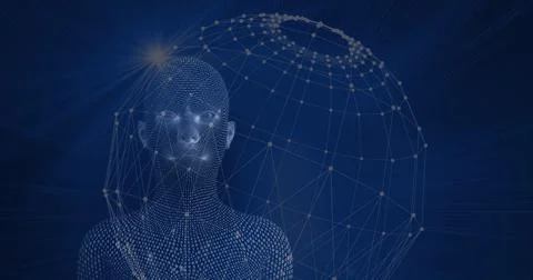 Composition of human digital head over globe formed with network of connections Stockillustratie