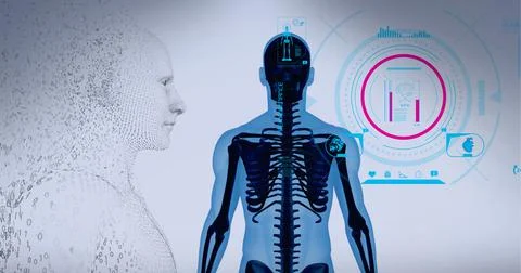 Composition of human digital head over scope scanning x-ray of human body Stock Illustration