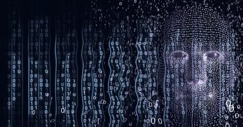 Composition of human face formed with binary coding on black background 库存插图