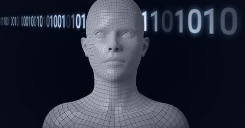 Composition of human head formed with grey particles and binary coding 库存插图