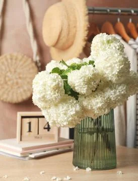 Composition with hydrangea flowers. Spring vibes. Female concept 스톡 사진