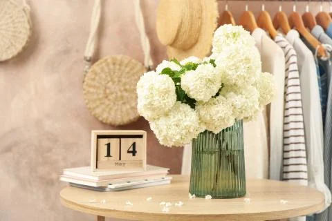 Composition with hydrangea flowers. Spring vibes. Female concept Stock Photos
