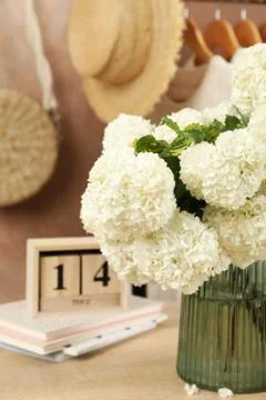 Composition with hydrangea flowers. Spring vibes. Female concept 写真素材