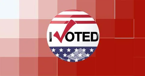 Composition of i voted text on badge with american flag on pixelated background Stock Illustration