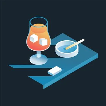 Composition with iced orange drink glass and ashtray. Illustrazione stock