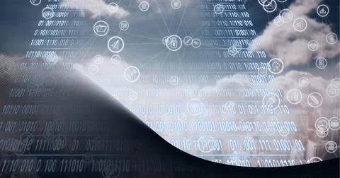 Composition of icons and binary coding over clouds, cityscape and grey Stock Photos