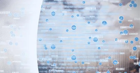 Composition of icons, technology text and binary coding over clouds, cityscape Stock Illustration