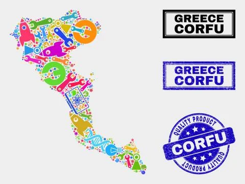 Composition of Industrial Corfu Island Map and Quality Product Seal Stock Illustration