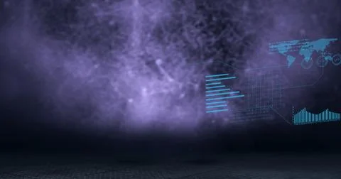 Composition of interactive screen with data processing over purple background Stockillustratie