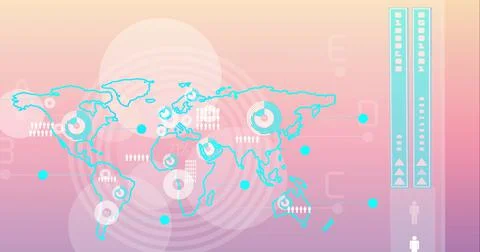 Composition of interactive screen with world map and network of icons Stock Illustration