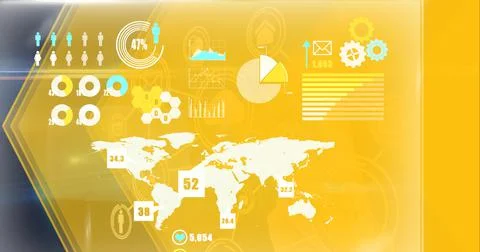Composition of interactive screen with world map and data processing Stock Illustration