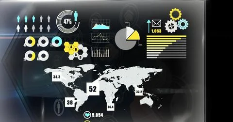Composition of interactive screen with world map and data processing Stock Illustration