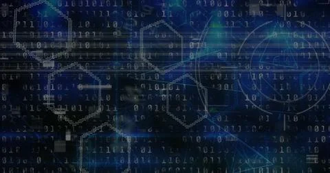 Composition of interference over binary coding and shapes on black background 库存插图