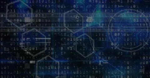 Composition of interference over binary coding and shapes on black background Stock Illustration