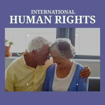 Composition of international human rights text over senior caucasian couple Fotos Stock