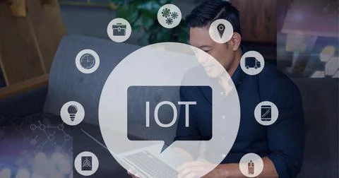 Composition of iot icon with network of connections over man using tablet Stock Photos