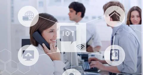 Composition of iot icon with network of connections over businesswoman talking Stock Photos