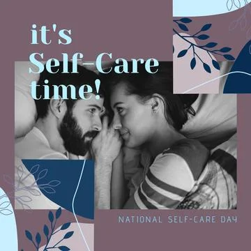 Composition of it's self-care time text over caucasian couple lying on bed on Ilustração Stock
