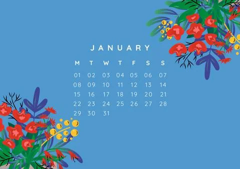 Composition of january text over numbers and flowers on blue background Ilustração Stock
