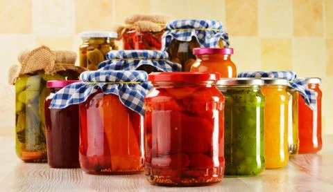 Composition with jars of pickled vegetables. marinated food Stock Photos