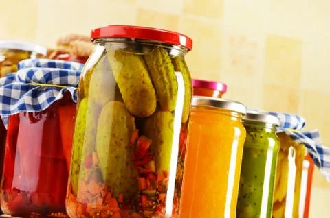 Composition with jars of pickled vegetables. marinated food Stock Photos