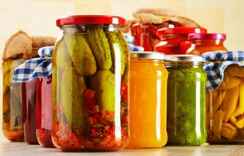 Composition with jars of pickled vegetables. marinated food Stock Photos