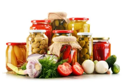 Composition with jars of pickled vegetables. marinated food Stock Photos