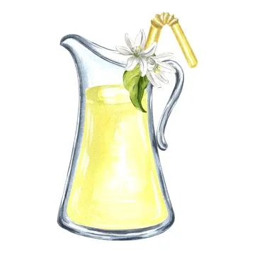 Composition of jug with cocktail straw, lemonade and white flowers with green Stock Illustration