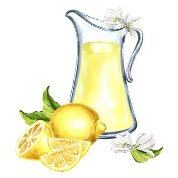 Composition of jug with lemonade, lemon and flowers Watercolor hand drawn Stock Illustration