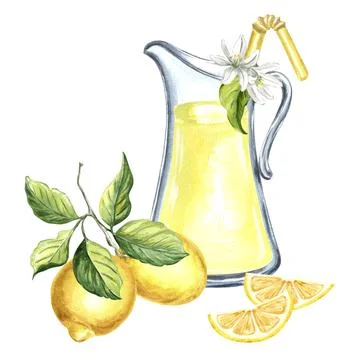 Composition of jug with lemonade, lemons with slices and flowers Watercolor hand Illustrazione stock