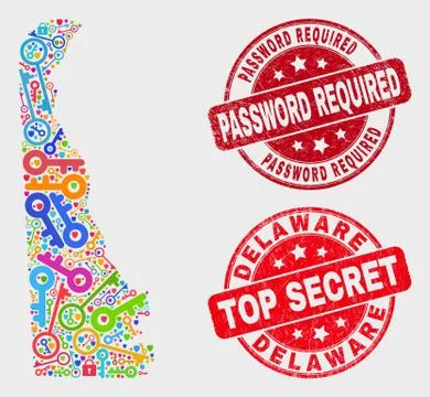 Composition of Keep Delaware State Map and Distress Password Required Stamp Seal Stock Illustration