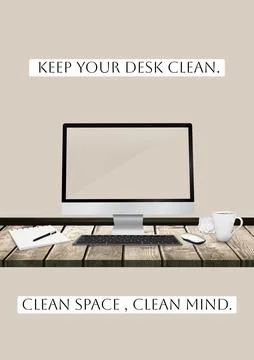 Composition of keep your desk clean text over computer on desk Stock Illustration