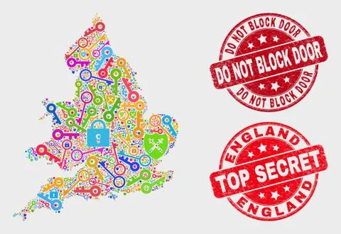 Composition of Key England Map and Scratched Do Not Block Door Stamp Seal Stock Illustration
