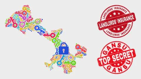 Composition of Key Gansu Province Map and Grunge Landlords' Insurance Seal Illustrazione stock