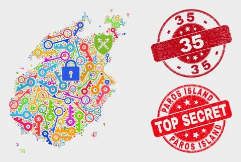 Composition of Key Paros Island Map and Distress 35 Stamp Seal 스톡 일러스트