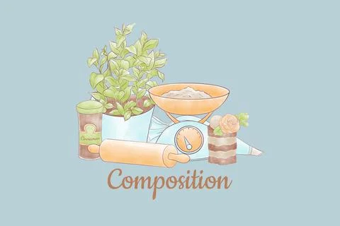 The composition of the kitchen accessories of the confectioner  scales with a Stock Illustration