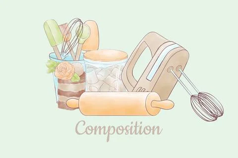 A composition of kitchen utensils and desserts, a mixer, a rolling pin, a jar Stock Illustration