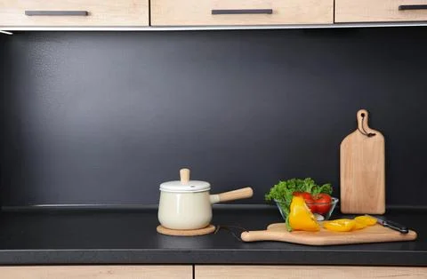 Composition with kitchenware and products on countertop. Space for text Stock Photos