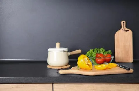 Composition with kitchenware and products on countertop. Space for text Stock Photos
