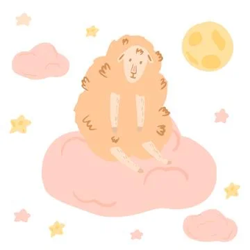 Composition lamb sit on cloud on white background. Abstract cute picture dood Stock Illustration
