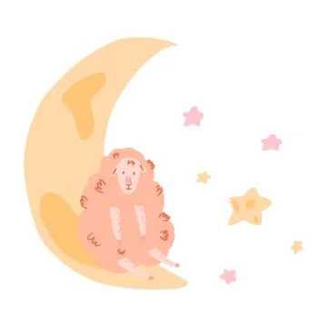 Composition lamb sit on crescent on white background. Abstract cute picture d Stock Illustration