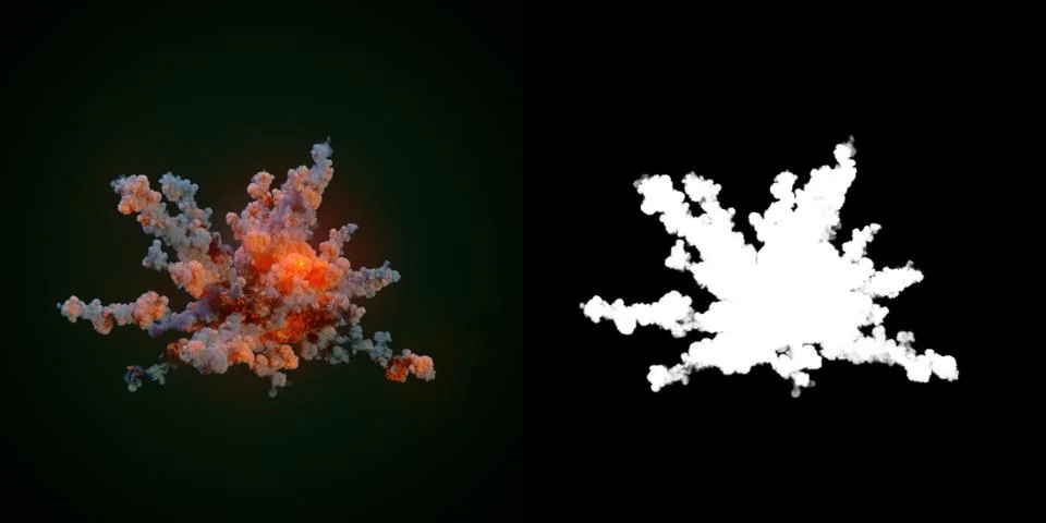 Composition with large explosions in dark plus alpha channel. 3d rendering Stock Illustration