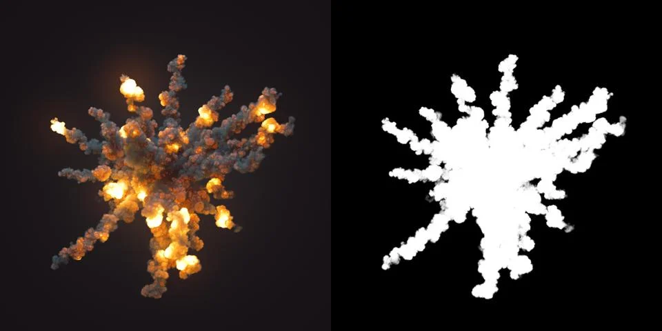 Composition with large explosions in dark plus alpha channel. 3d rendering Stock Illustration