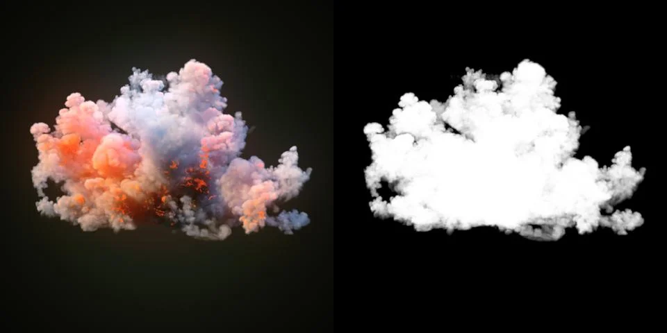 Composition with large explosions in dark plus alpha channel. 3d rendering イラスト素材