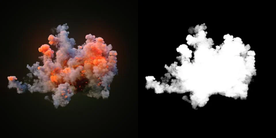 Composition with large explosions in dark plus alpha channel. 3d rendering Stock Illustration